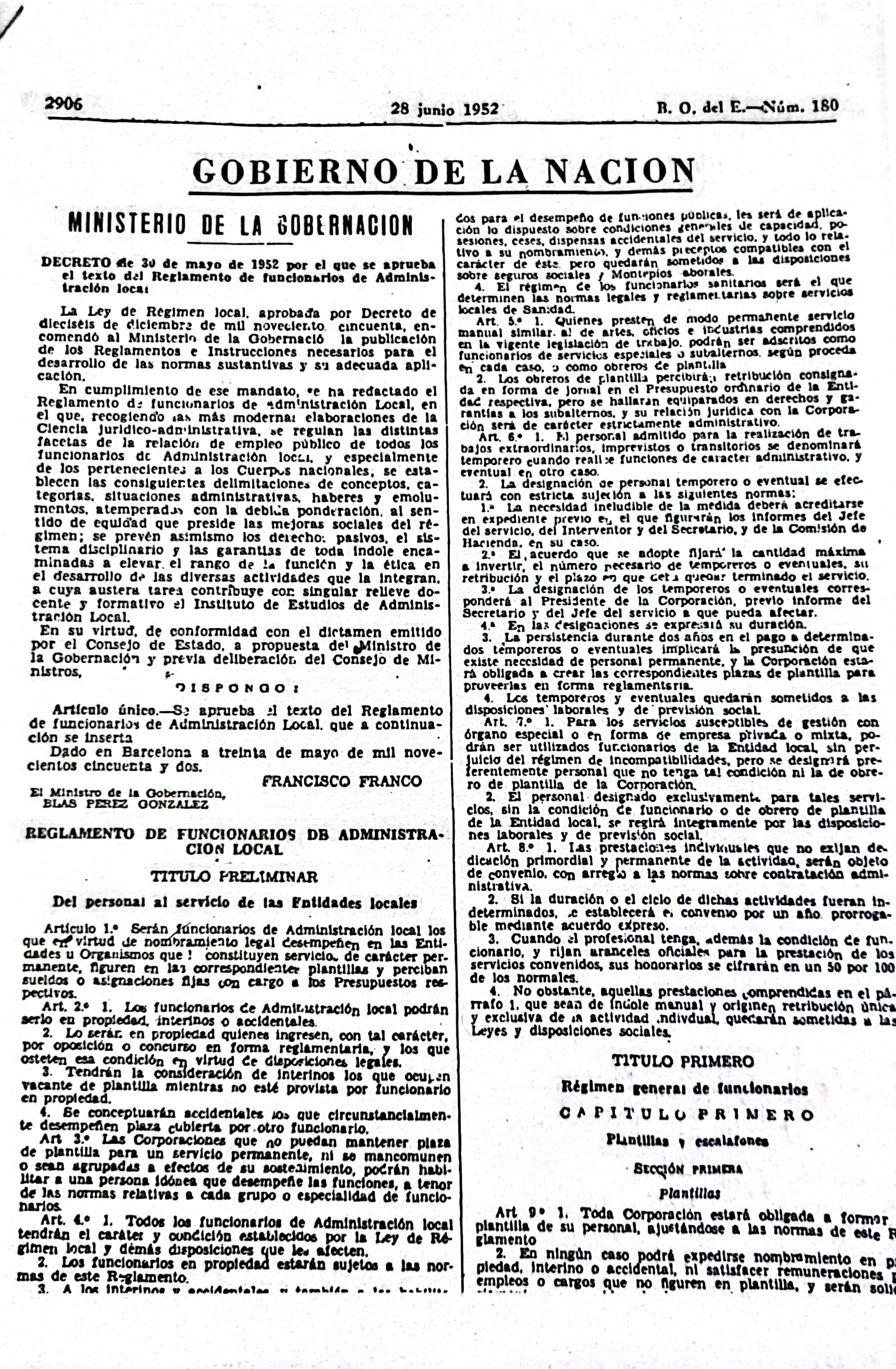Página 1 del decreto de 1952